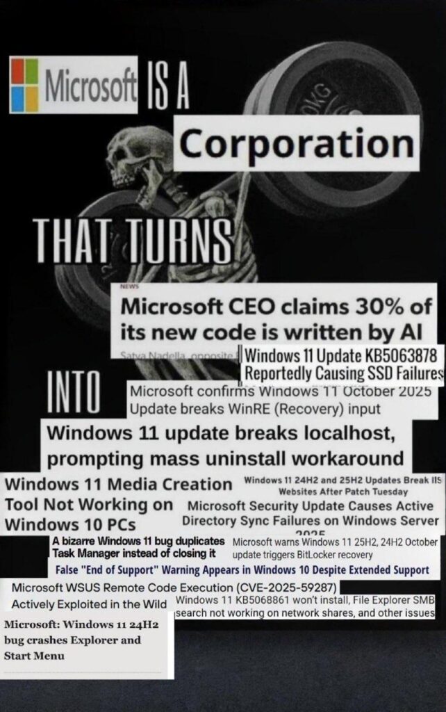 A meme with the text "Microsoft is a corporation that turns 'Microsoft CEO claims 30% of its new code is written by AI' into" followed by a series of headlines documenting various bugs and issues affecting Windows 11.