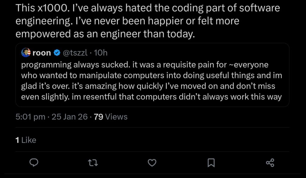 This x1000. I've always hated the coding part of software engineering. I've never been happier or felt more empowered as an engineer than today.